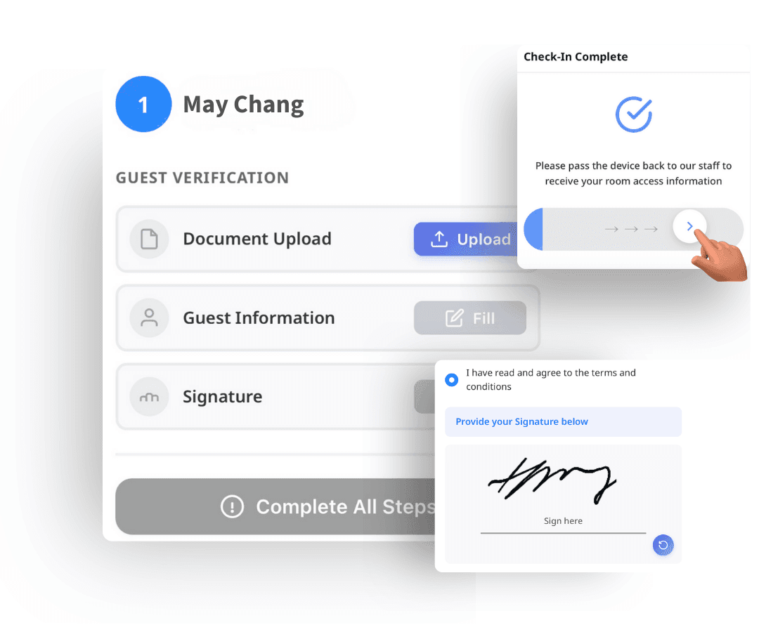 Hotel staff using a tablet to check in a guest with Vouch Assisted Check-in