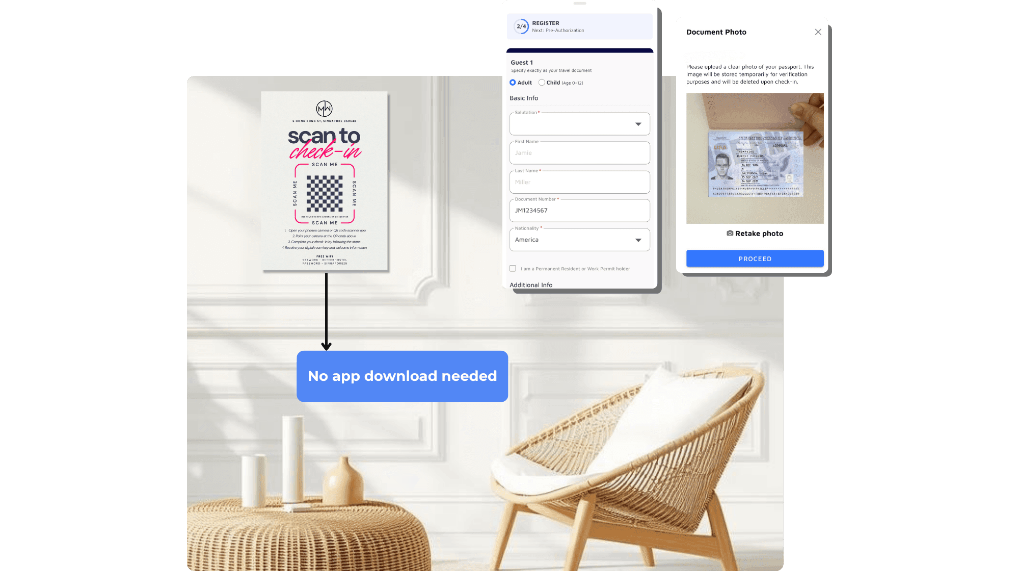 A hotel guest scanning a QR code to start AVA self check-in