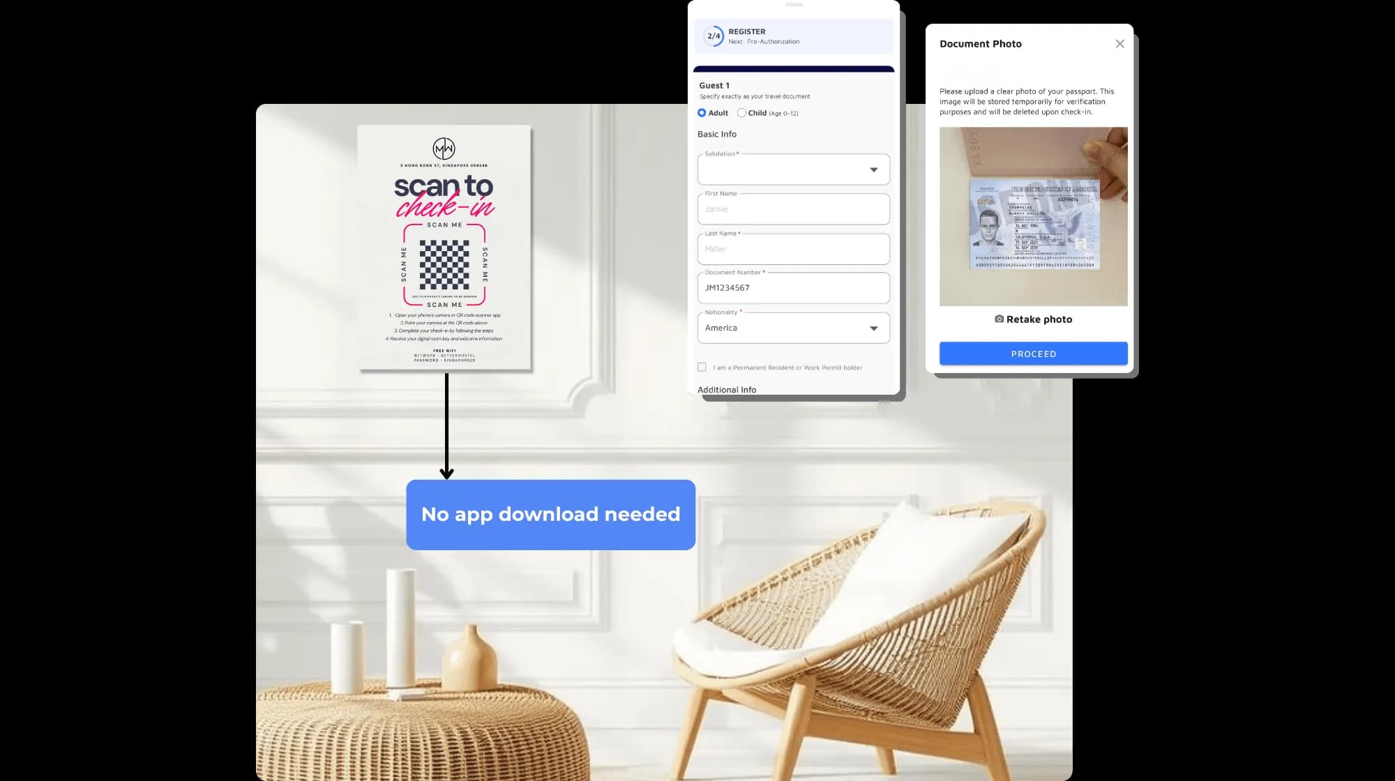 A hotel guest scanning a QR code to start AVA self check-in